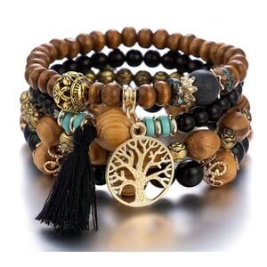 NWT 4 PC Multilayered Brown Wooden Boho Round Beaded Bracelet Jewelry Set